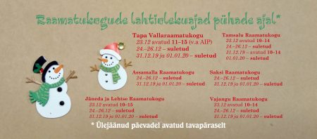 Raamatukogude lahtiolekuajad jõul-aastavahetus 2019